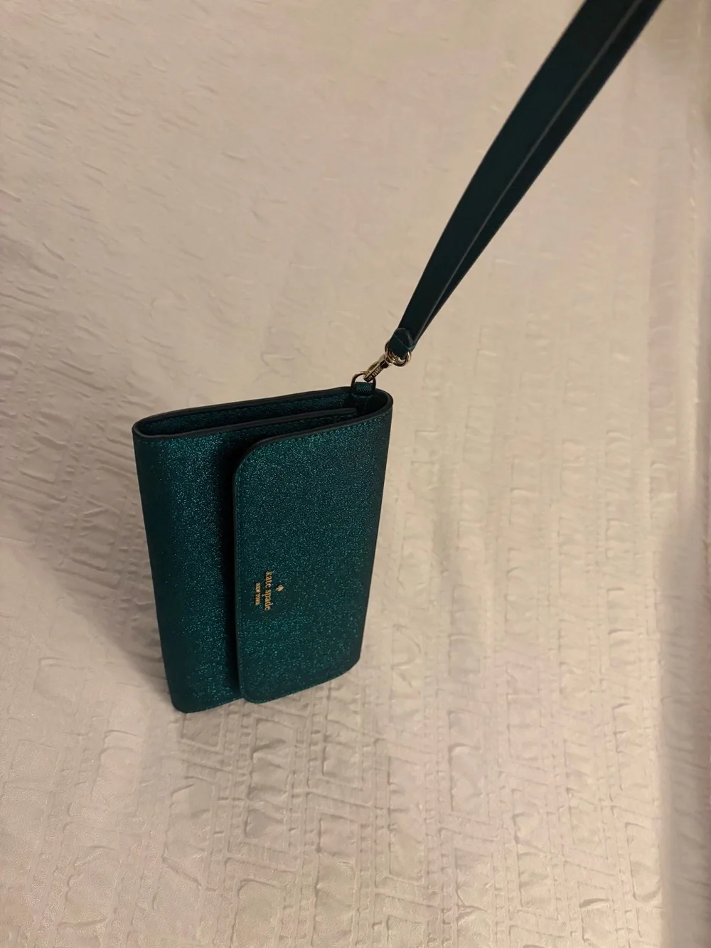 NWOT Kate Spade Glimmer Medium Flap Wristlet - Festive Teal Glitter